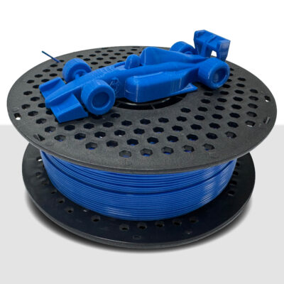 Blue filament spool with a 3D printed blue race car on top.