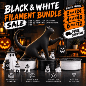 3D Printer Filament Bundle Halloween Offer. Filament type PETG and PLA. Available Color Black and White.